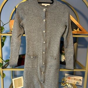 LOFT Grey Ribbed Dress with Gold Buttons